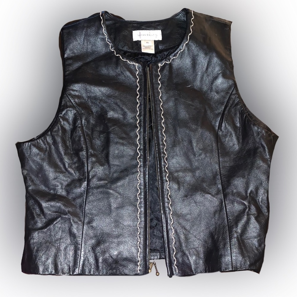 Vintage Susan Bristol Vest Womens 1W Black 100% Leather Sleeveless Full‎ Zip XL